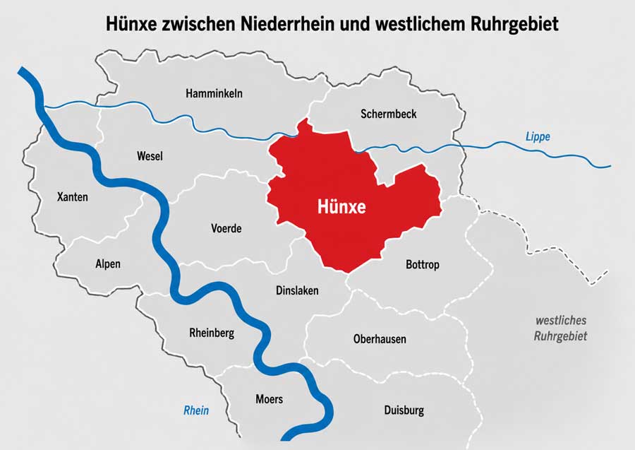 Geografische Lage von H&uuml;nxe zwischen Niederrhein und Ruhrgebiet