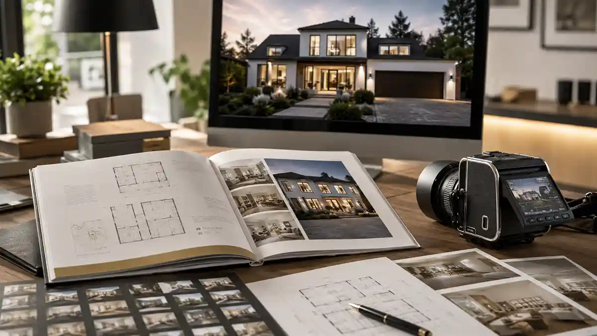 Expos&eacute;, Immobilienfotos und Kamera f&uuml;r die Vermarktung einer Immobilie